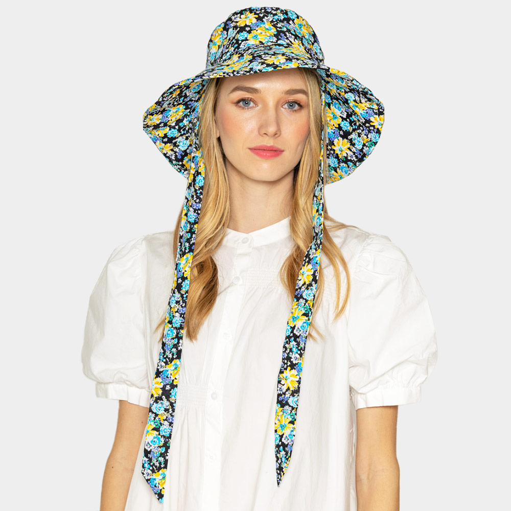 H210107-NVY Flower Patterned Chin Tie Bucket Hat - Savvy New York