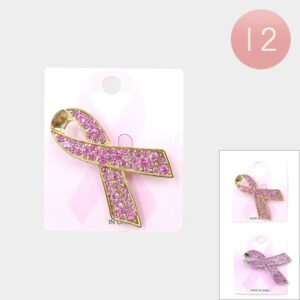 BC-006-GS (12PCS) Rhinestone Pave Pink Ribbon Pin Brooches