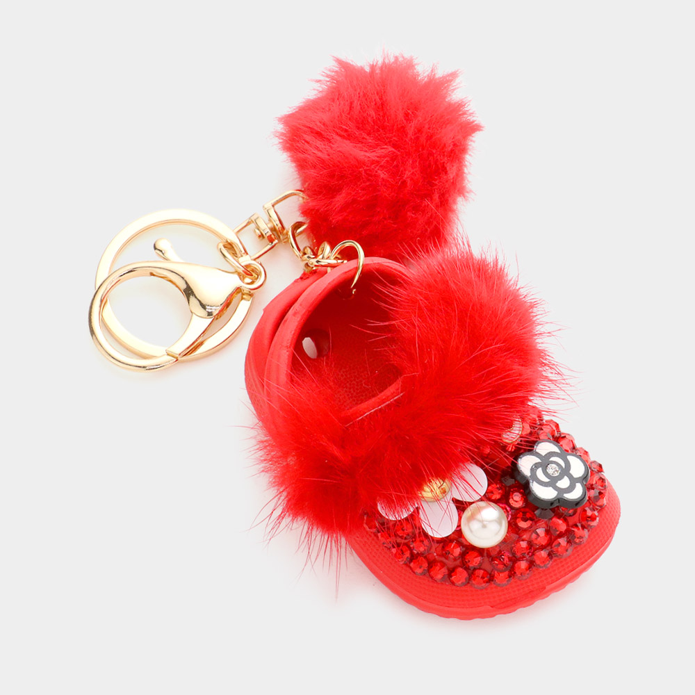 K0200 rd studded shoe faux fur pom pom key chain savvy new york