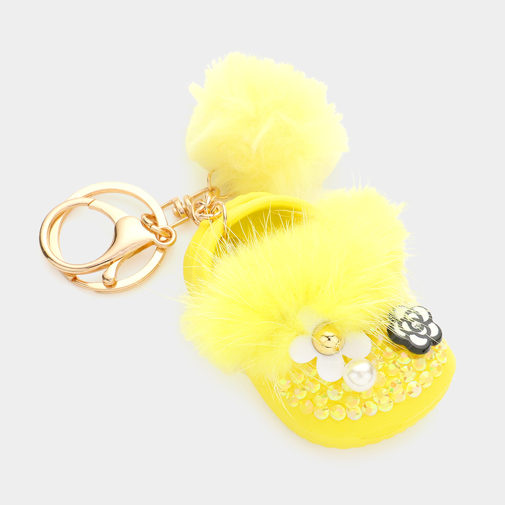 K0200 yw studded shoe faux fur pom pom key chain savvy new york
