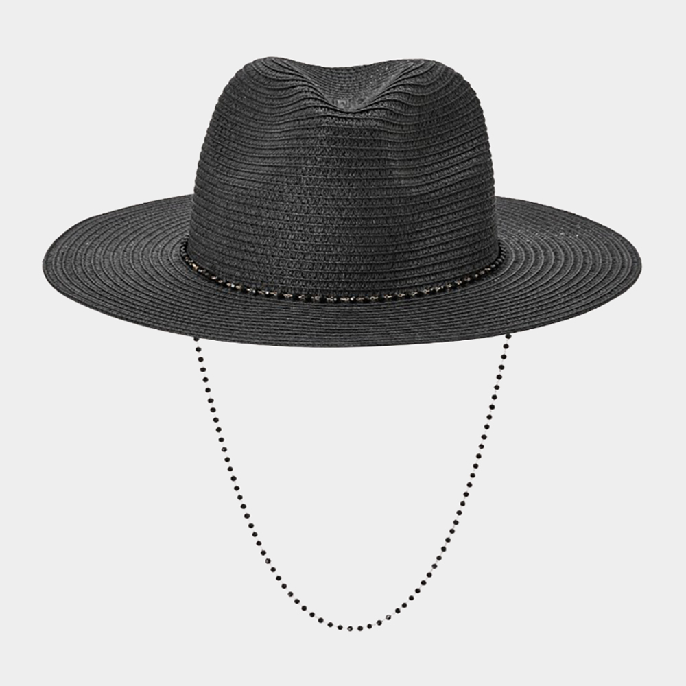 H3315-BLACK Beaded Chin Tie Straw Sun Hat - Savvy New York