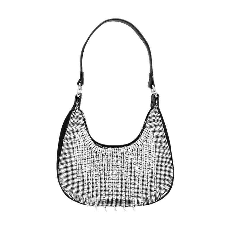LA5878 BK Rhinestone Fringe Evening Shoulder Crossbody Bag Savvy New York