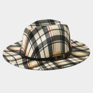 H3201 BG Belt Band Accented Plaid Check Patterned Fedora Hat