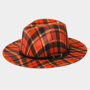 H3201 RED Belt Band Accented Plaid Check Patterned Fedora Hat
