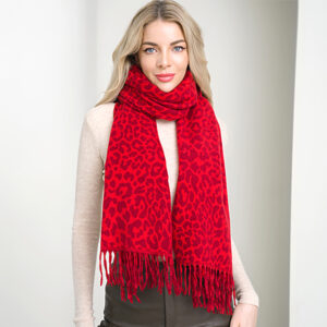 S5117 RD Leopard Pattern Fringe Winter Scarf
