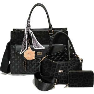 LEO25532-T3 BK Leopard Texture Satchel W Matching Bag And Wallet Set (3 N 1)