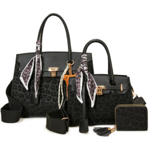LEO25502-T3 BK Leopard Texture Satchel W Matching Bag And Wallet Set (3 N 1)