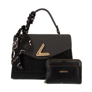 PU907-M2 BK FASHION SMOOTH TEXTURE SCARF HANDLE SATCHEL W WALLET SET