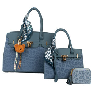 LEO25502-T3 BL Leopard Texture Satchel W Matching Bag And Wallet Set (3 N 1)