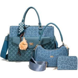 LEO25532-T3 BL Leopard Texture Satchel W Matching Bag And Wallet Set (3 N 1)
