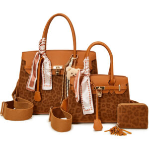 LEO25502-T3 BR Leopard Texture Satchel W Matching Bag And Wallet Set (3 N 1)