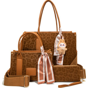 LEO25519-T3 BR Leopard Texture Satchel W Matching Bag And Wallet Set (3 N 1)