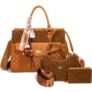 LEO25532-T3 BR Leopard Texture Satchel W Matching Bag And Wallet Set (3 N 1)