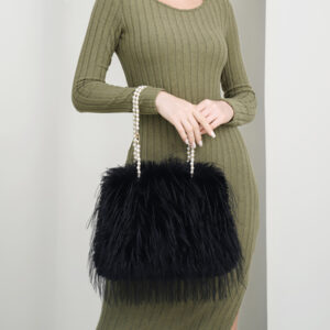 B1139 BK Fluffy Fuzzy Faux Fur Pearl Strap Shoulder Bag