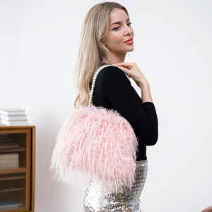 B1139 PK Fluffy Fuzzy Faux Fur Pearl Strap Shoulder Bag