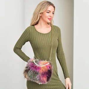 B1144 MLT Pearl and Chain Strap Fluffy Fuzzy Faux Fur Handbag / Crossbody Bag