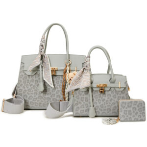 LEO25502-T3 GY Leopard Texture Satchel W Matching Bag And Wallet Set (3 N 1)