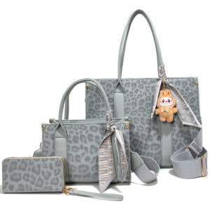 LEO25519-T3 GY Leopard Texture Satchel W Matching Bag And Wallet Set (3 N 1)