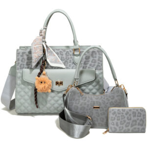 LEO25532-T3 GY Leopard Texture Satchel W Matching Bag And Wallet Set (3 N 1)
