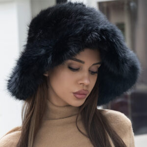 H3504 BK Wide Brim Faux Fur Winter Bucket Hat