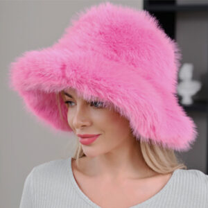 H3504 PK Wide Brim Faux Fur Winter Bucket Hat
