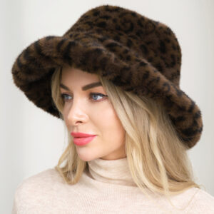 H3505 BR Soft Plush Faux Fur Leopard Print Winter Bucket Hat