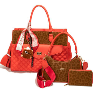 LEO25532-T3 RD Leopard Texture Satchel W Matching Bag And Wallet Set (3 N 1)