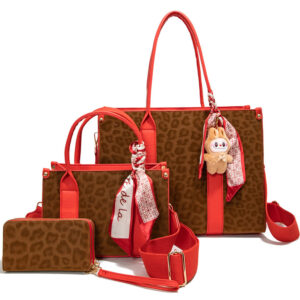 LEO25519-T3 RD Leopard Texture Satchel W Matching Bag And Wallet Set (3 N 1)
