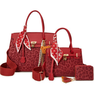 LEO25502-T3 WN Leopard Texture Satchel W Matching Bag And Wallet Set (3 N 1)