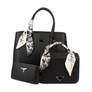 PU25002-T3 BK Scarf Handle Satchel Bag with Small One & Wallet (3 N 1)
