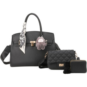 PU24126-T3-BK Handle Satchel Bag with crossbody & wallet (3 N 1)