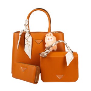 PU25002-T3 BR Scarf Handle Satchel Bag with Small One & Wallet (3 N 1)