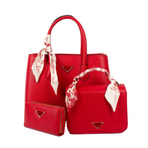 PU25002-T3 RD Scarf Handle Satchel Bag with Small One & Wallet (3 N 1)