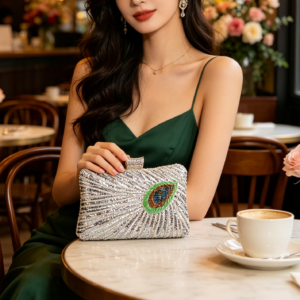 E-8231 SL Peacock Feather Pattern Sequin Beaded Hard Compact Box Clutch Bag