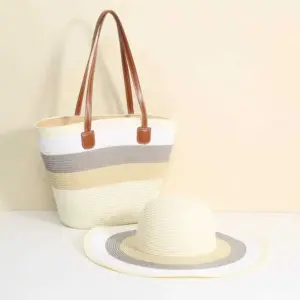 SH8573-5 WT New Single Shoulder Straw Braided Hat and Beach Bag Set