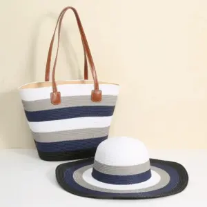 SH8573-5 BK New Single Shoulder Straw Braided Hat and Beach Bag Set
