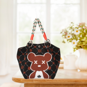 SC9812 BK Bear Pattern Knitted Bucket Mini Tote Bag