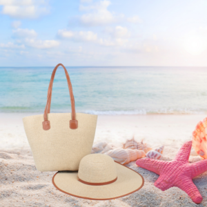 SH8571-5 BG New Single Shoulder Straw Braided Hat and Beach Bag Set