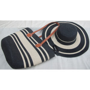 SH8572-5 BK New Single Shoulder Straw Braided Hat and Beach Bag Set