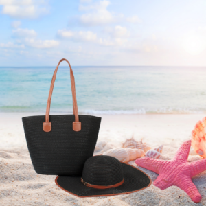 SH8571-5 BK New Single Shoulder Straw Braided Hat and Beach Bag Set