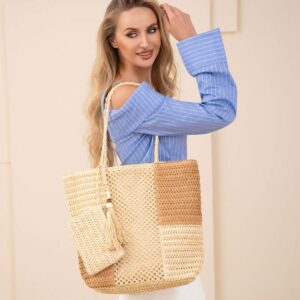 B1158 BG Woven Patchwork Tassel Mini Pouch Shoulder Tote Bag