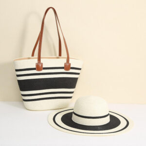SH8572-5 WT New Single Shoulder Straw Braided Hat and Beach Bag Set