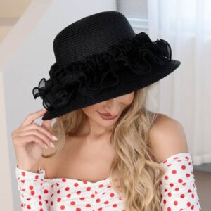 H3528 BK Floral Trim Straw Sun Hat
