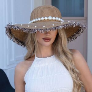 H3530 KH Pearl Trim Band Frayed Edge Wide Brim Straw Sun Hat