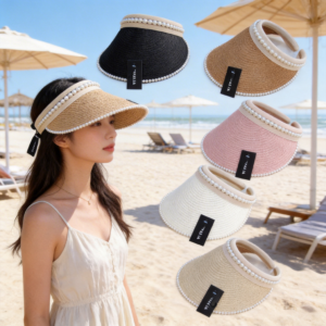 SH9252 ASST Women's White Pearl Trimmed Visor Straw Sun Hat (3pcs)