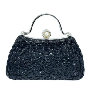 LA8264 BK Crystal Diamond Top Handle Embellished Evening Clutch Bag