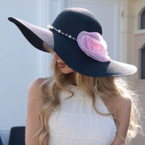 H3536 BK Oversized Flower Accent Pearl Link Band Wide Brim Straw Sun Hat