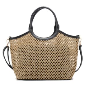 T3837 BK Fashion Straw Tote Bag 2 in 1
