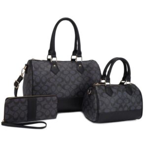 UM-31483 BK/BK Oval Printed Texture W Matching Bag And Wallet Set (3 N 1)