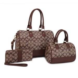 UM-31483 BR/DB Oval Printed Texture W Matching Bag And Wallet Set (3 N 1)